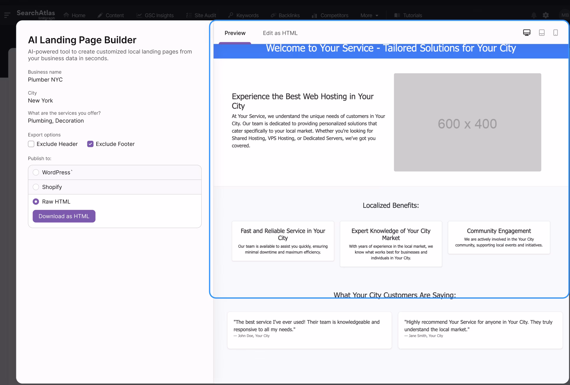 Screenshot of an AI Landing Page Builder. A preview section shows a mockup of a web page for city-specific web hosting services, featuring a header, placeholder image, three service highlights, and a customer testimonial section optimized by Otto SEO.