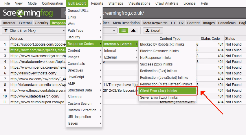 Via Screaming Frog Screaming Frog Broken Link Checker